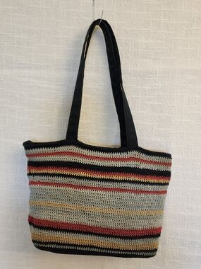 Boho Crochet Handbag Blue Multi Colored Dbl Straps &Top Zip Lined  W/ Pkts A432